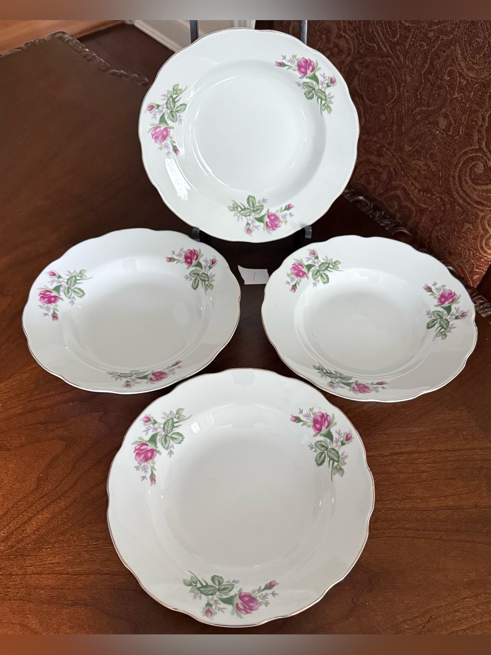 4 VTG Rimmed 8” Soup Bowls with Pompadour Rose Pattern Made in China - Listing 1